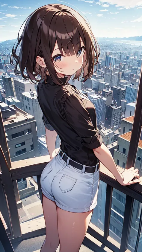 Tabletop, highest quality,figure, wallpaper, Super detailed, Absurd, 1, alone, (Short brown hair), Wet Hair,Staring at us from the front,Beautiful brown hair, Clear brown eyes, Slightly chubby,Small breasts,The butt is small, Beautiful fine details , (City...