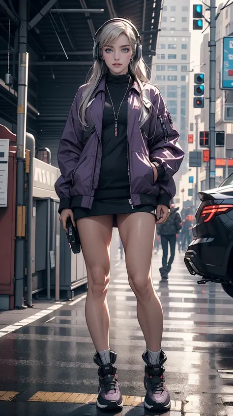 One girl, Gray Hair, Long Hair, Techwear masterpiece, highest quality, Realistic, realism, Dark purple jacket, Portraiture, Fine grain, Wearing the headset, Platinum Hair, 21 year old girl, Fashion pose, Half Body, Wide shot, on the road, cyber punk