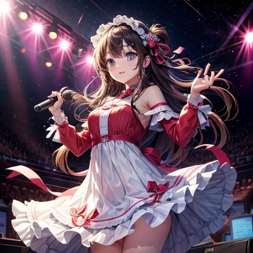 One girl, alone, highest quality, masterpiece , Hoshino Ruby,  hair ornaments, Shining Eyes, Stars in my eyes, (Star in the right eye:1), (dress:1.4), (Concert 1), On Stage,