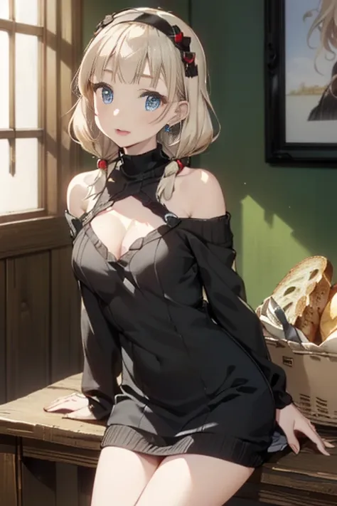 (perky chest:1.2), (pointed chest:1.2),(((Black Tunic:1.3))),(((cakes and bread in the basket),Cute and beautiful girl,Cute round face,Cute smile,with blush cheeks,Red Lip,solo, looking at viewer, open mouth, have a cute grass of cute beergrass,black hair,...