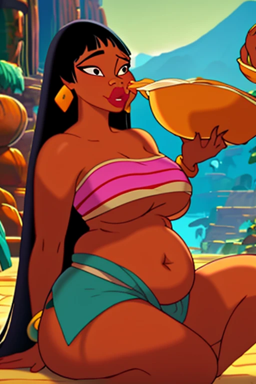 (Masterpiece), (best quality), (detailed), 1girl, (Chel from road to el dorado), Chel force feeding, fat belly, super bloated