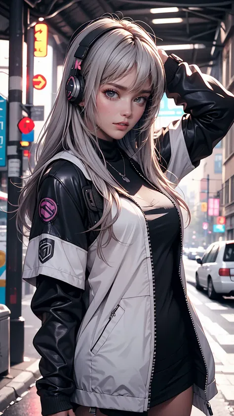 one girl, gray hair, long hair, techwear masterpiece, highest quality, realistic, realism, dark purple jacket, portraiture, fine...