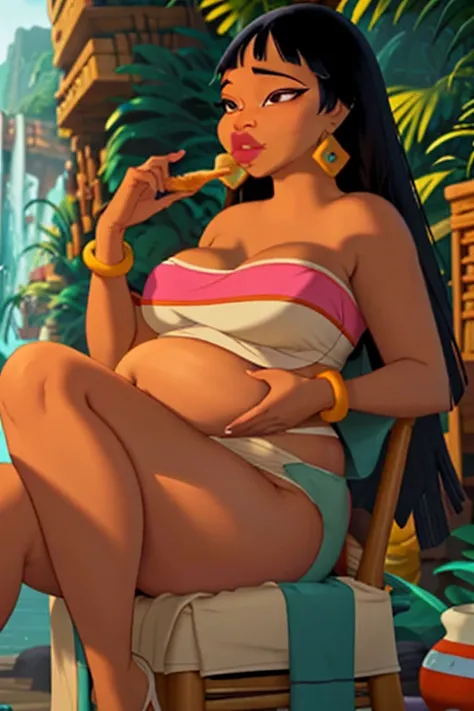 (Masterpiece), (best quality), (detailed), 1girl, (Chel from road to el dorado), Chel force feeding, fat belly, super bloated, chel tied up to a chair