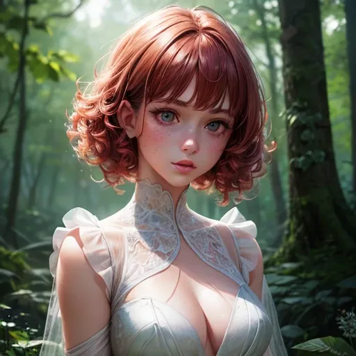 Cute woman in the drizzle, (elegant, Beautiful Face), Transparent white dress, Forest Moss, (freckles:0.8), Flower Field, , Curly Red Hair, Magical atmosphere, (short hair), ((Detailed skin, Skin Texture)), Ultra-detailed, (Exquisitely crafted, Fine detail...