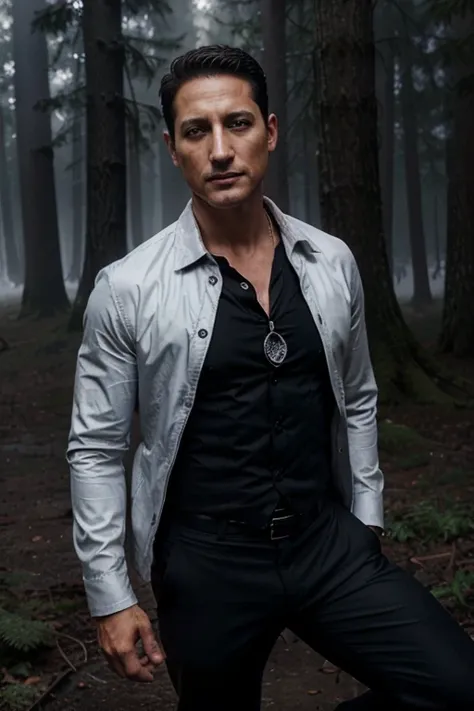 Sasha Roiz, Sean Renard, Teen Wolf, 40 years old, short and messy black hair, brown eyes, black dress jacket, white dress shirt, dark blue tie, black pants, black combat boots. silver pendant, white wolf print. Forest background with fog aura around black ...