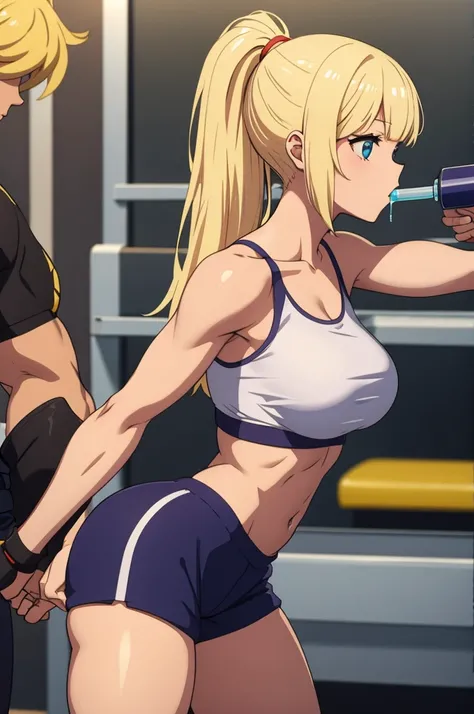 make yellowhaired muscular girl in too tight shorts shes drinking shake at the gym