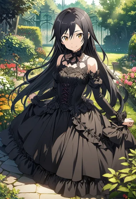 Hyakuya Yuuichiro (Sword Art Online), (long black hair), (Golden eyes):1.2, black Victorian dress, bangs, smiling mischievously, ((ultra-detailed)), ((illustration)), (long neat hair)), (beautiful detailed eyes), (female), 1girl, standing, ((garden)), look...