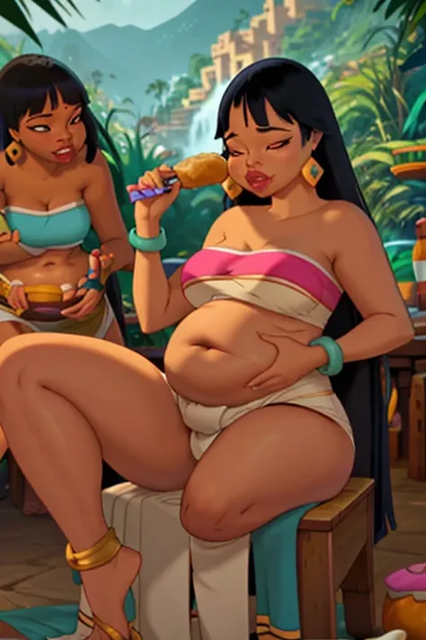 (Masterpiece), (best quality), (detailed), 1girl, (Chel from road to el dorado), Chel force feeding, fat belly, super bloated, chel tied up to a chair,Chel being fed against her will by men, Chel scared and moaning