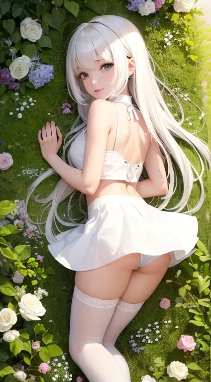 best quality, masterpiece,white hair, gold eyes,white hair, full body,Fair skin,pink crop top,white mini short skirt,white pantie,in garden,(white pantie are visible),sexy,ass,