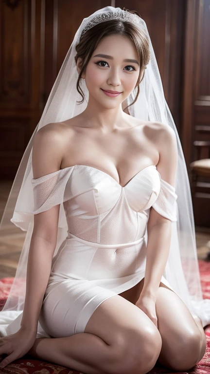 Young girl in wedding dress and updo, Off-shoulder neckline, and a long veil. her face is young and innocent, Looks like a . She looks at the camera with a playful expression. Detailed artwork with vivid illustrations, Realistic colors, Capture every detai...