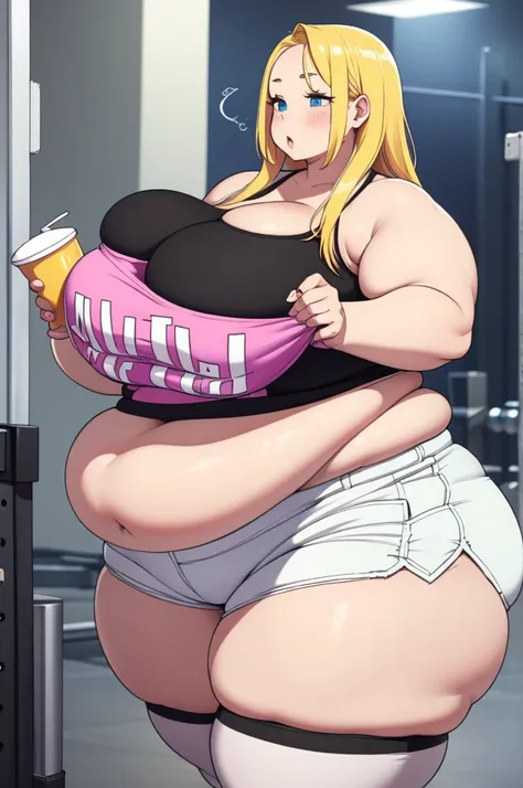 make yellowhaired ssbbw fat girl in too tight shorts shes drinking shake at the gym