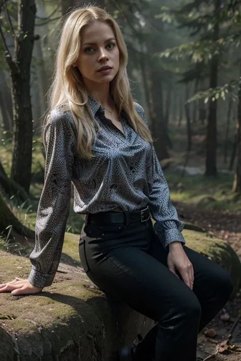 Claire Coffee, Adalind Schade, Teen Wolf, 40 years old, long messy blonde hair, green eyes, purple flower-print blouse, black pants, black combat boots. silver pendant, white wolf print. Forest background with fog aura around black color.