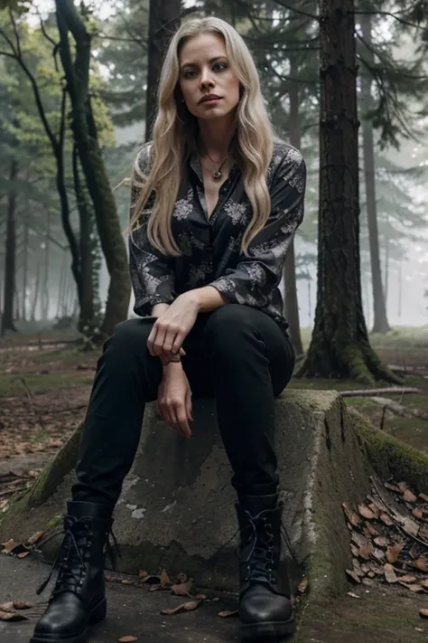 Claire Coffee, Adalind Schade, Teen Wolf, 40 years old, long messy blonde hair, green eyes, purple flower-print blouse, black pants, black combat boots. silver pendant, white wolf print. Forest background with fog aura around black color.