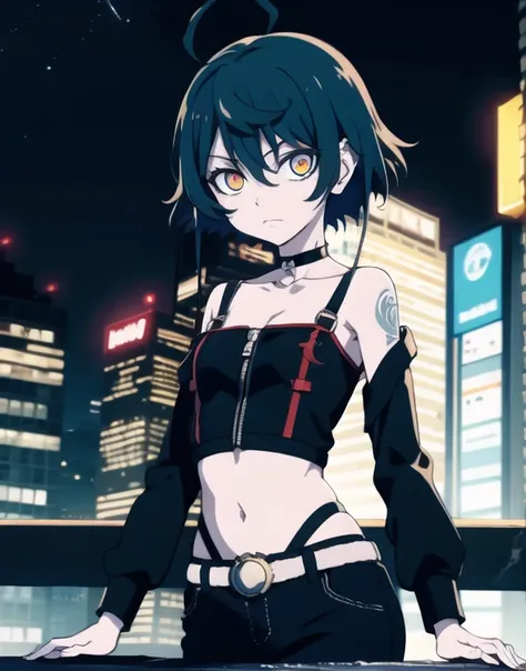 (masterpiece,best quality,highres:1.1),jadechan,1girl,solo,(medium breasts:1.2),short hair,black hair,(chocker:1.1),(punk clothes:1.1),cowboy shot,charming posing,looking at viewer,arms behind head,city,skyscraper,night sky,neon lights,no humans,background...