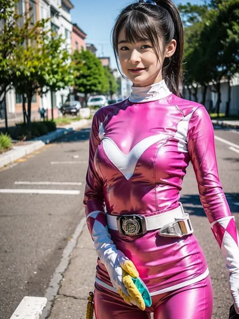 1 girl, PinkRanger, (Riding belt:1), gloves, Hime cut, Blunt bangs,  Bodysuits,Realistic, shiny pink and white suit、パワーレンジャーBodysuits、A female model、Wearing tight combat gear and holding weapons、Image of soldiers preparing for battle in a ruined city。The d...