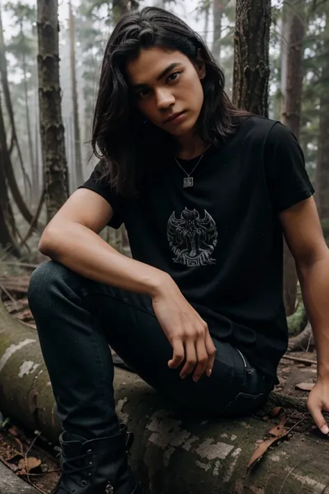 Teo Briones, Junior Wheeler, Teen Wolf, 16 years old, short and messy black hair, green eyes, black vest, red shirt with fire print, black jeans, black military boots. silver pendant, white wolf print. Forest background with fog aura around black color.