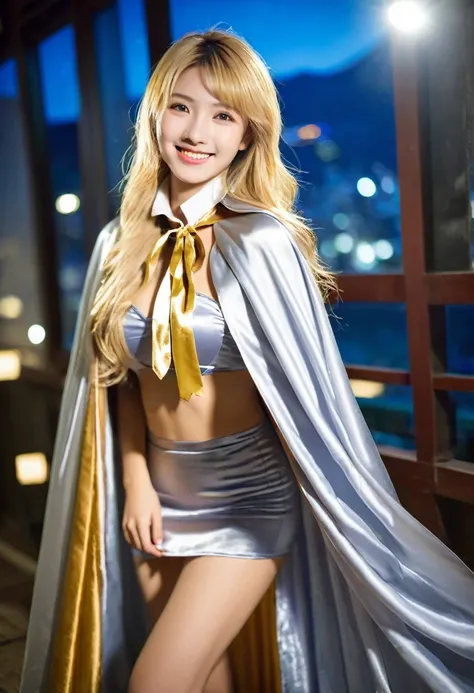 (RAW photo) , 1girl, Japanese , cute, 20 years old, long blonde hair , smiling, look at viewer, ((((silver and gold lined satin cape tied at the neck)))+++, side spilt skirt , photo, realistic, best quality, hires, detailed face, detailed background, diffu...