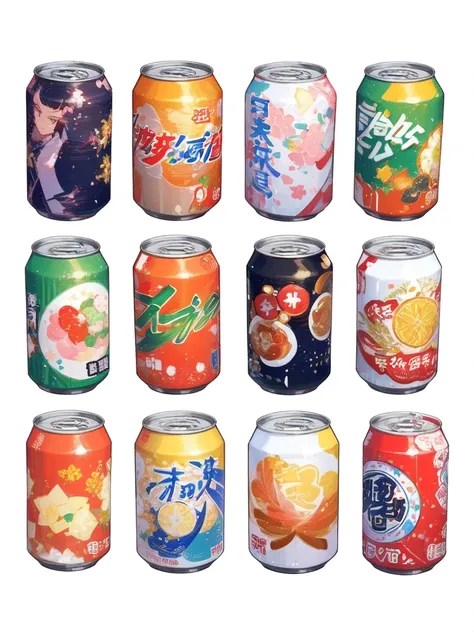 a close up of a group of can of soda with different flavors, soda can, jongsuk lee, can, by chen yanjun, sprite art, by shinoda ...