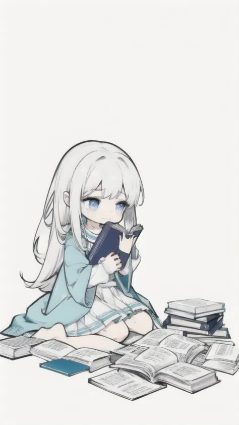 best quality, chibi, 1 girl, (full body), pure white background,vivid,clearly,sad face,rain,sit down,holding a book in hand,cry