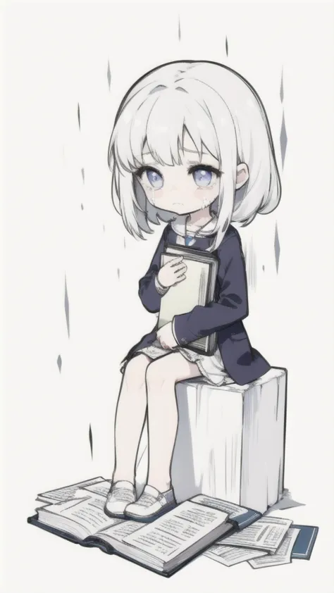 best quality, chibi, 1 girl, (full body), pure white background,vivid,clearly,sad face,rain,sit down,holding a book in hand,cry