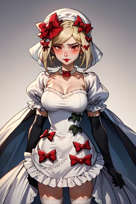 aalamb, short hair, hair bow, white bow, white headwear, red eyes, necklace, frills, white dress, bouquet, puffy sleeves, elbow ...