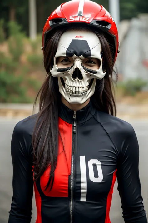 1woman, road cycling speed, long hair, red skull head, cycling suit and short, jersey, helmet, skull face head,