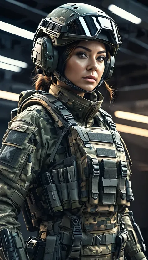 A high-tech female soldier in a tight combat suit, camouflage military uniform, simple sleek design, detailed intricate patterns, hyper realistic, cinematic lighting, military sci-fi, dramatic pose, gritty texture, muted color palette, (best quality,4k,8k,...