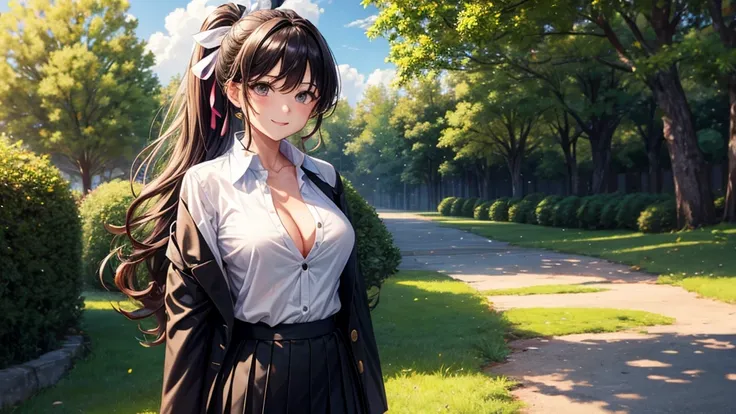 1girl, full body, solo, summer, village, trees, sun, clouds, ((colorful hair)), long hair, curly hair, ponytail, large breasts, ((black blazer)), button down shirt, ((white shirt)), ((short sleeved shirt)), ((unbuttoned shirt)), unbuttoning buttons, cleava...