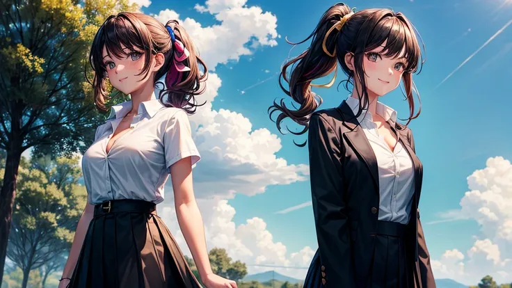 1girl, full body, solo, summer, village, trees, sun, clouds, ((colorful hair)), long hair, curly hair, ponytail, large breasts, ((black blazer)), button down shirt, ((white shirt)), ((short sleeved shirt)), ((unbuttoned shirt)), unbuttoning buttons, cleava...