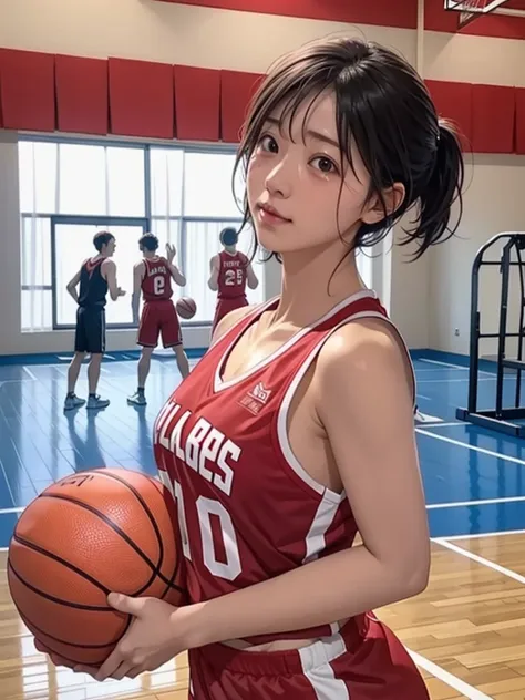 【8k】、（holding a basketball、wearing a red basketball uniform、inside the gym）、cute face、double eyelids、tear bags