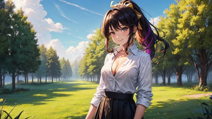 1girl, full body, solo, summer, village, trees, sun, clouds, ((colorful hair)), long hair, curly hair, ponytail, large breasts, ((black blazer)), button down shirt, ((white shirt)), ((short sleeved shirt)), ((unbuttoned shirt)), unbuttoning buttons, cleava...