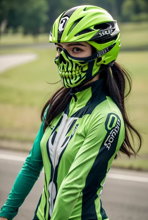 1woman, road cycling speed, long hair, green skull head, cycling suit and short, jersey, helmet, skull face head,