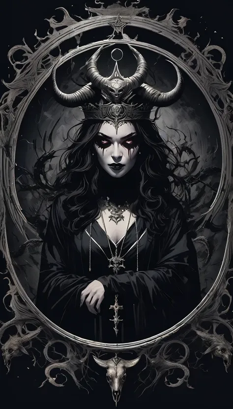 Illustration for the album cover, with a black metal frame, a scary female figure with ram horns and a crown, some satanic symbols around it, a small circle around the image, high resolution