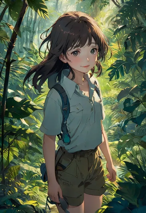 "A young girl is pictured in her natural jungle environment. She wears simple, practical clothing suited to life in the forest. Her hair is loose and disheveled, showing a connection with nature. The girl exudes an expression of determination and confidenc...