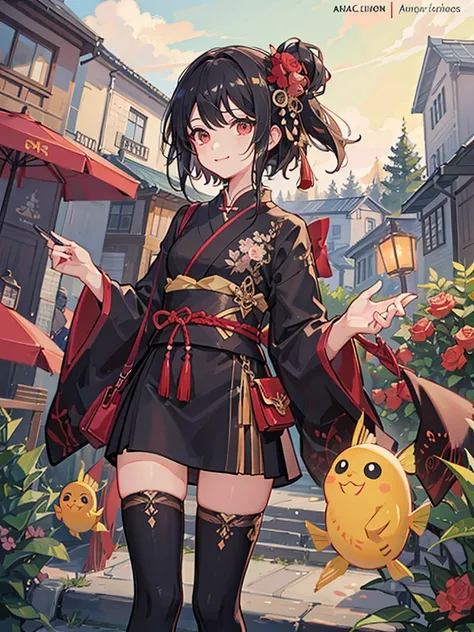 highest quality、Masterpiece、chinese buildings、Lots of roses、One girl、Black Hair、Short Hair、Smile、Red kimono with goldfish pattern、carrying a large umbrella