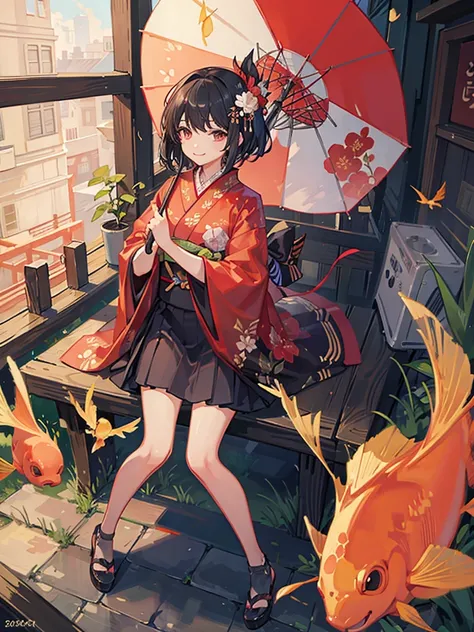 highest quality、Masterpiece、chinese buildings、Lots of roses、One girl、Black Hair、Short Hair、Smile、Red kimono with goldfish pattern、carrying a large umbrella