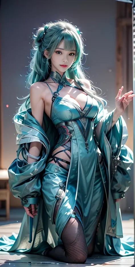 Super cuteness, Curvaceous, (64 K,cinematography of the highest quality),( masutepiece: 1.2), (Realistic, Photorealistic) (Tube attached to the body), (Bikini Cyborg Robot Parts), (aqua hair), Long hair,bun-hairstyle, Twin-tailed, medium shot, ( Seductive ...