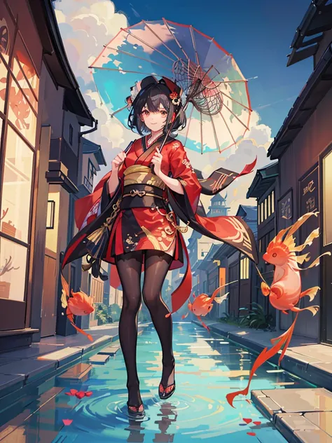 highest quality、Masterpiece、chinese buildings、Lots of roses、One girl、Black Hair、Short Hair、Smile、Red kimono、Goldfish pattern、carrying a large umbrella