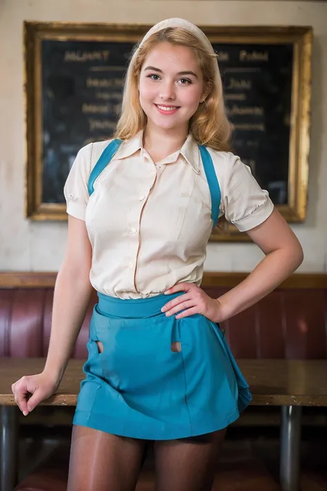 (best quality,4K,8k,high resolution,masterpiece:1.2),ultra-detailed,(actual, photoactual,photo-actual:1.37), ((best quality)), ((masterpiece)), (detailed), 1950s blonde roller skating waitress in sexy short tight uniform and pantyhose, ((Name tag with wait...