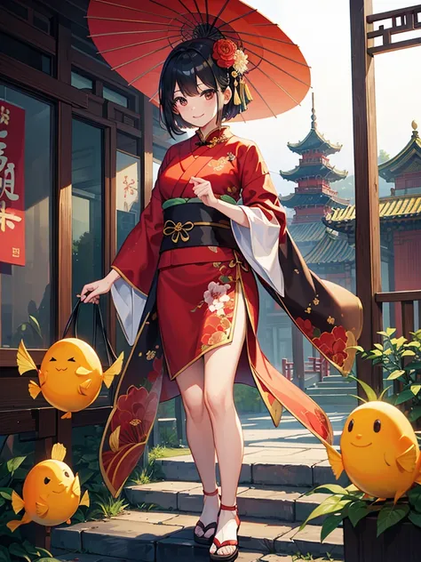 highest quality、Masterpiece、chinese buildings、Lots of roses、One girl、Black Hair、Short Hair、Smile、Red kimono、Goldfish pattern、carrying a large umbrella、Standing pose