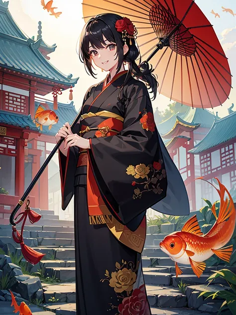 highest quality、Masterpiece、chinese buildings、Lots of roses、One girl、Black Hair、Short Hair、Smile、Red kimono、Goldfish pattern、carrying a large umbrella、Standing pose