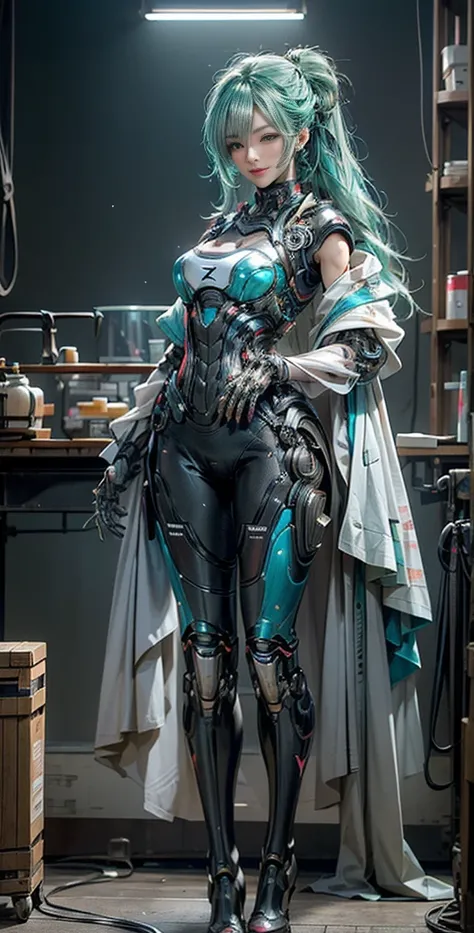 Super cuteness, Curvaceous, (64 K,cinematography of the highest quality),( masutepiece: 1.2), (Realistic, Photorealistic) (Tube attached to the body), (Bikini Cyborg Robot Parts), (aqua hair), Long hair,bun-hairstyle, Twin-tailed, medium shot, ( Seductive ...