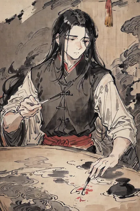 masterpiece, best quality, god like man, highly detailed, best quality, highres, extremely detailed,1man, best quality, illustration, looking at viewer, impasto, canvas, chinese ink painting, long black hair, gentle face, 25 years old, clean face