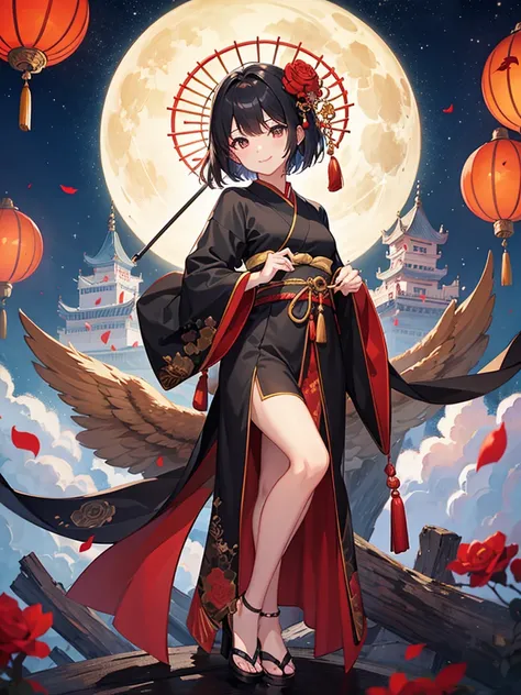 highest quality、Masterpiece、night、full moon、chinese buildings、Lots of roses、One girl、Black Hair、Short Hair、Smile、Red kimono、carrying a large umbrella、Standing pose