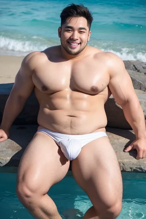 ((highest quality)), ((masterpiece)), (detailed), (Perfect Face), 8K UHD, sweating, Full body, Young Japanese, Muscular, Fat body, Very big man, smile, White very small swimsuit, Lying pose raise the whole leg high, Photorealistic, topless, Pink nipples, W...