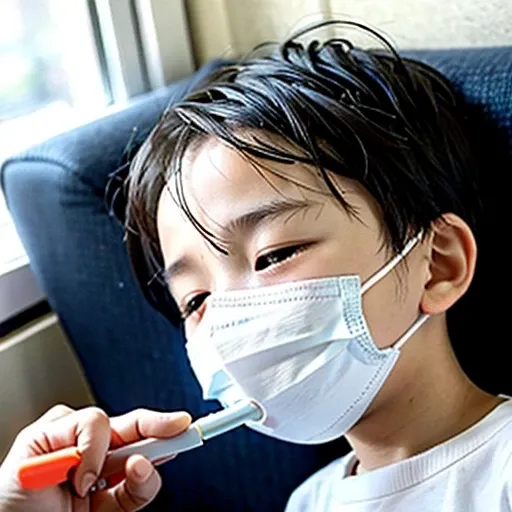 Handsome kindergarten boy with infectious disease、Appearance of suffering. He is wearing a white mask. He has a high fever. he is sleeping. He has a cough. He is exhausted. He is taking his temperature with a thermometer. He is dying. He is cooling his for...