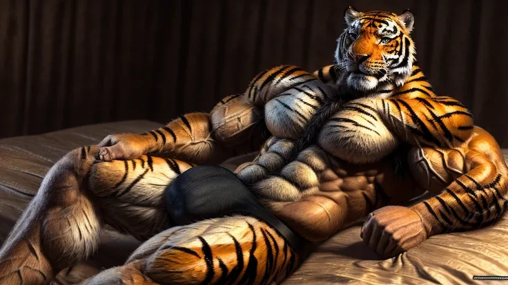 Muscular human tiger, hairy body, Alone, tiger, bodyhair, young, male, black thong( large bulge :1.4) , male, (Muscular, big muscle mass:1.2), torso, Correct anatomy, tiger fur, (Realistic fur, Delicate fur, epic, masterpiece:1.4), (jocktrap:1.2), (Detaile...