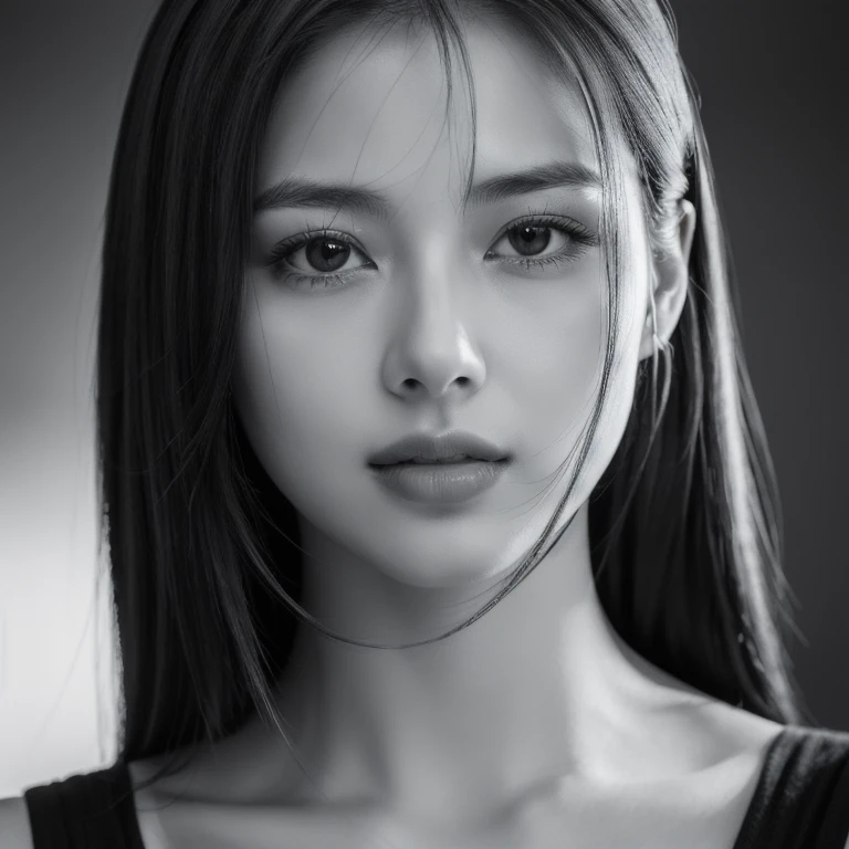 Masterpiece, Best Quality, Photorealsitic, Ultra-detailed, finely detail, high resolution, 8k wallpaper, Professional, high level of detail, ((monochrome photo)), 1girl in, ((Facing the front)), ((Only lips are in Red)), Detailed clavicle, face perfect, st...