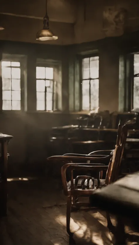 Part of a school classroom、platform　blackboard、Student Machines。The chair is、blackboardに向かって設置する、Light coming through the window