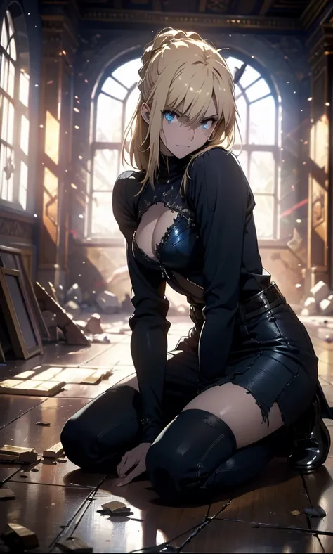 High quality, masterpiece, 8k, 1 female, saber, yellow hair, blue eyes, perfect body, sexy body, beautiful face, sexy torn clothes, sitting on her knees on the floor, kneeling, Hopeless, in the broken palace, dark color, tears, from side, from below 